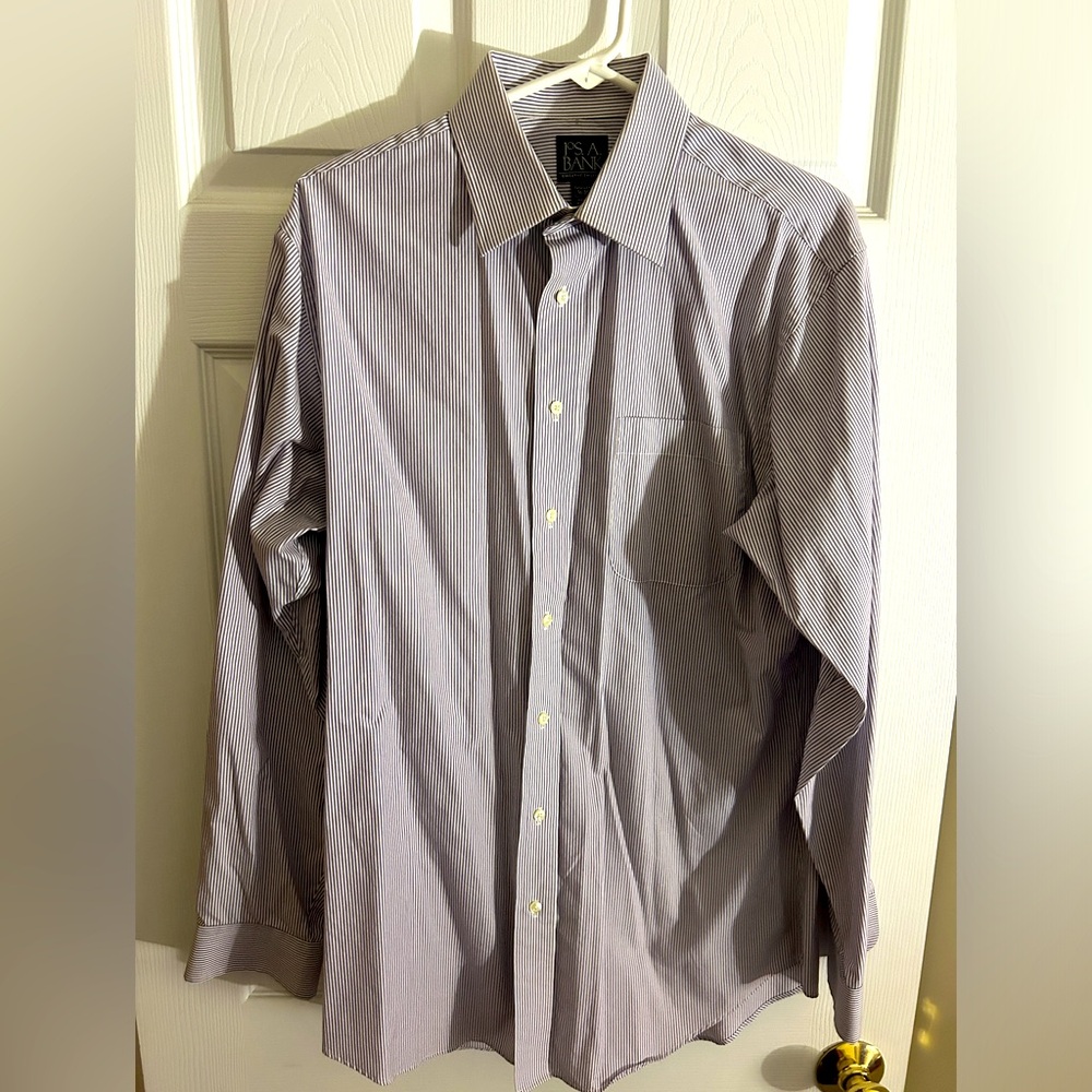 Men's Size 16 Tailored Fit Purple & White Pinstriped Jos A Bank Dress Shirt